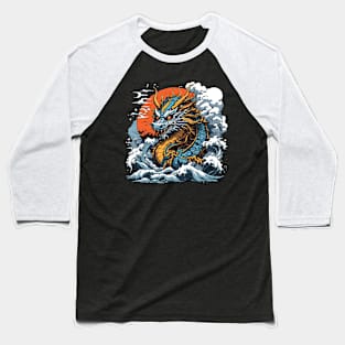 Dragon against the backdrop of a setting sun bathed in ocean waves Baseball T-Shirt